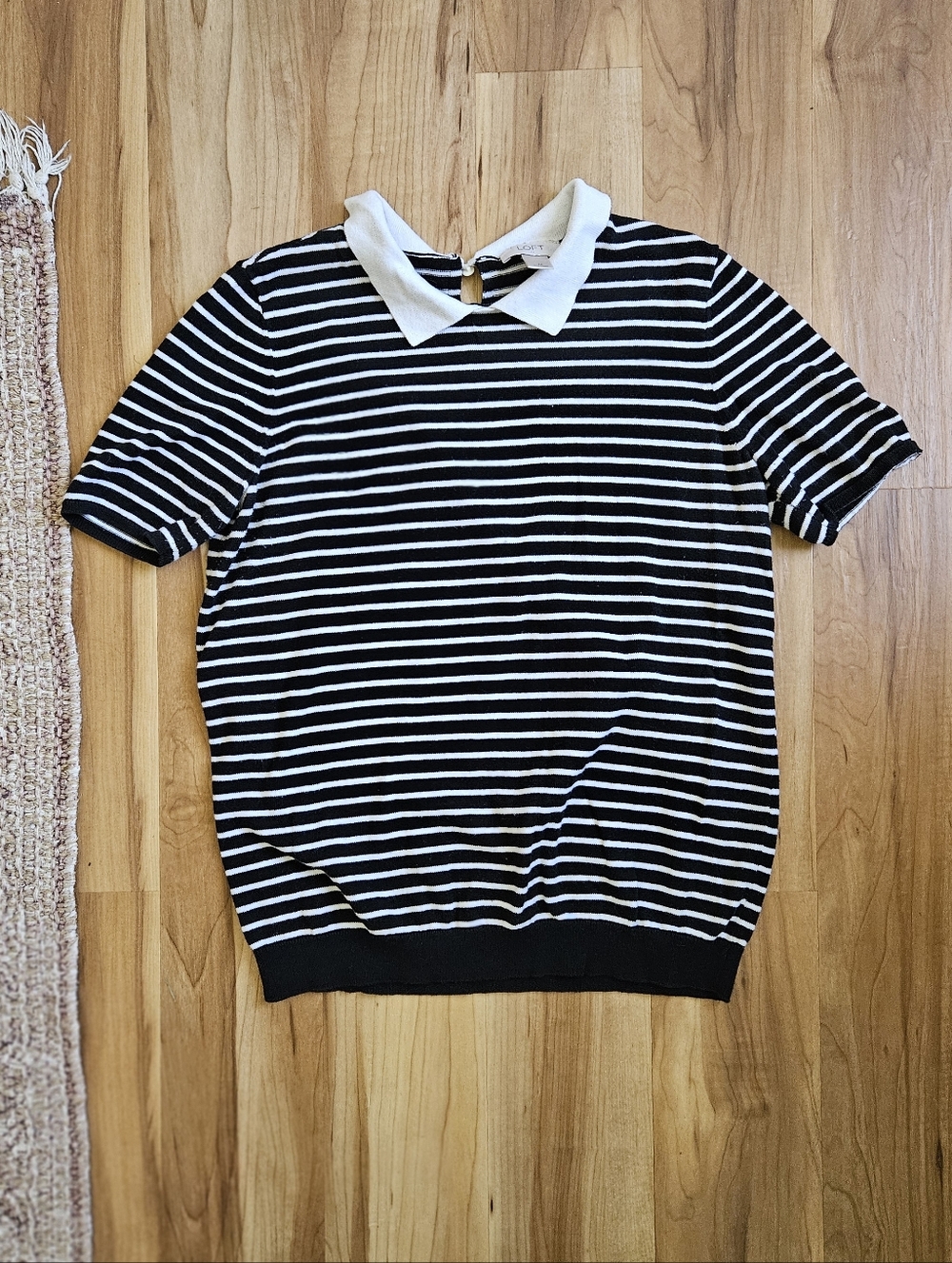 LOFT Parisian Style Black & White Striped Collared Short Sleeve